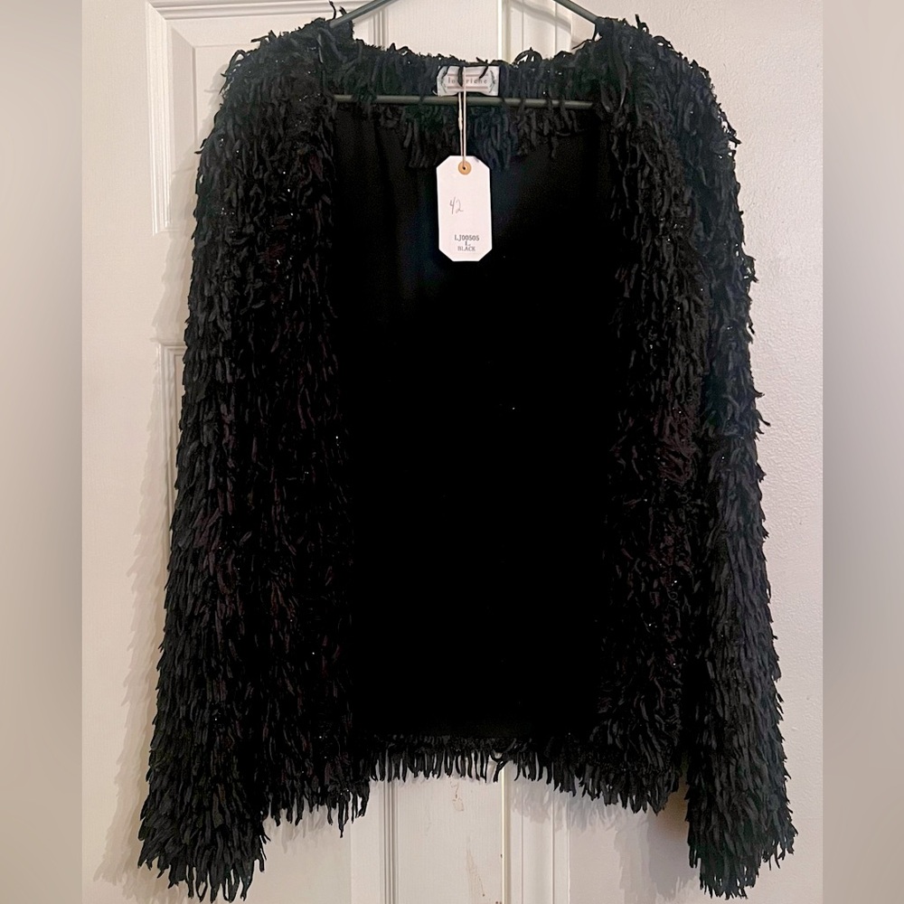 Loveriche Black Fuzzy Party Jacket, Fringe Blazer Cardigan with Pockets, Sparkly